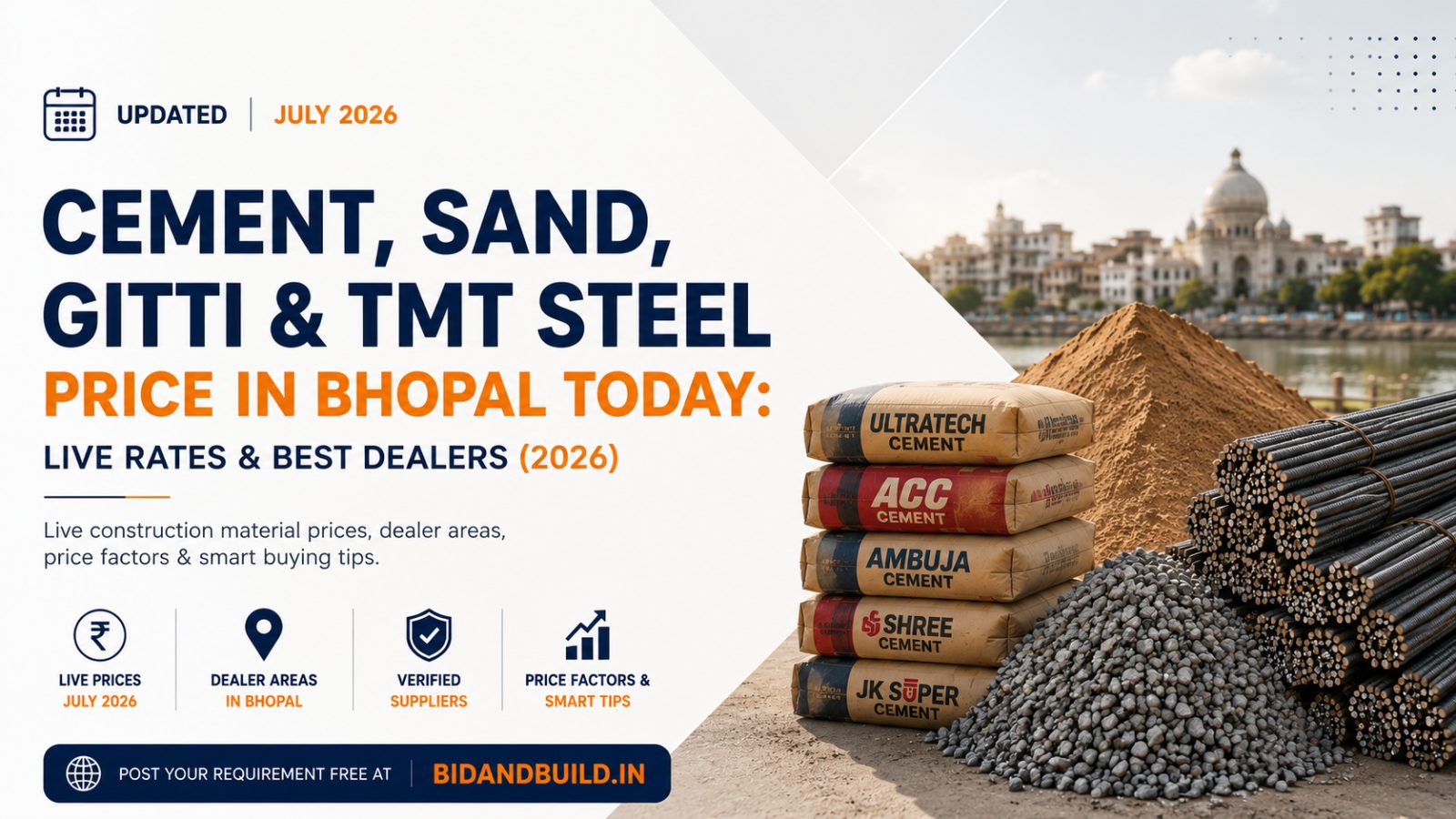 Cement, Sand, Gitti & TMT Steel Price in Bhopal Today: Live Rates & Best Dealers (2026)